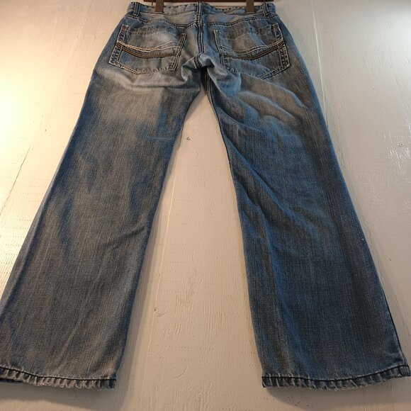 INC Berlin Men 30x30 Blue Jean 5-Pocket 100% Cotton Patched Washed Wide Leg Embr - Picture 5 of 8